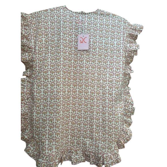 Quiet Culture Cotton Poplin Lounge Dress Pink Green Geometric Ruffle Trim NWT - Picture 4 of 6